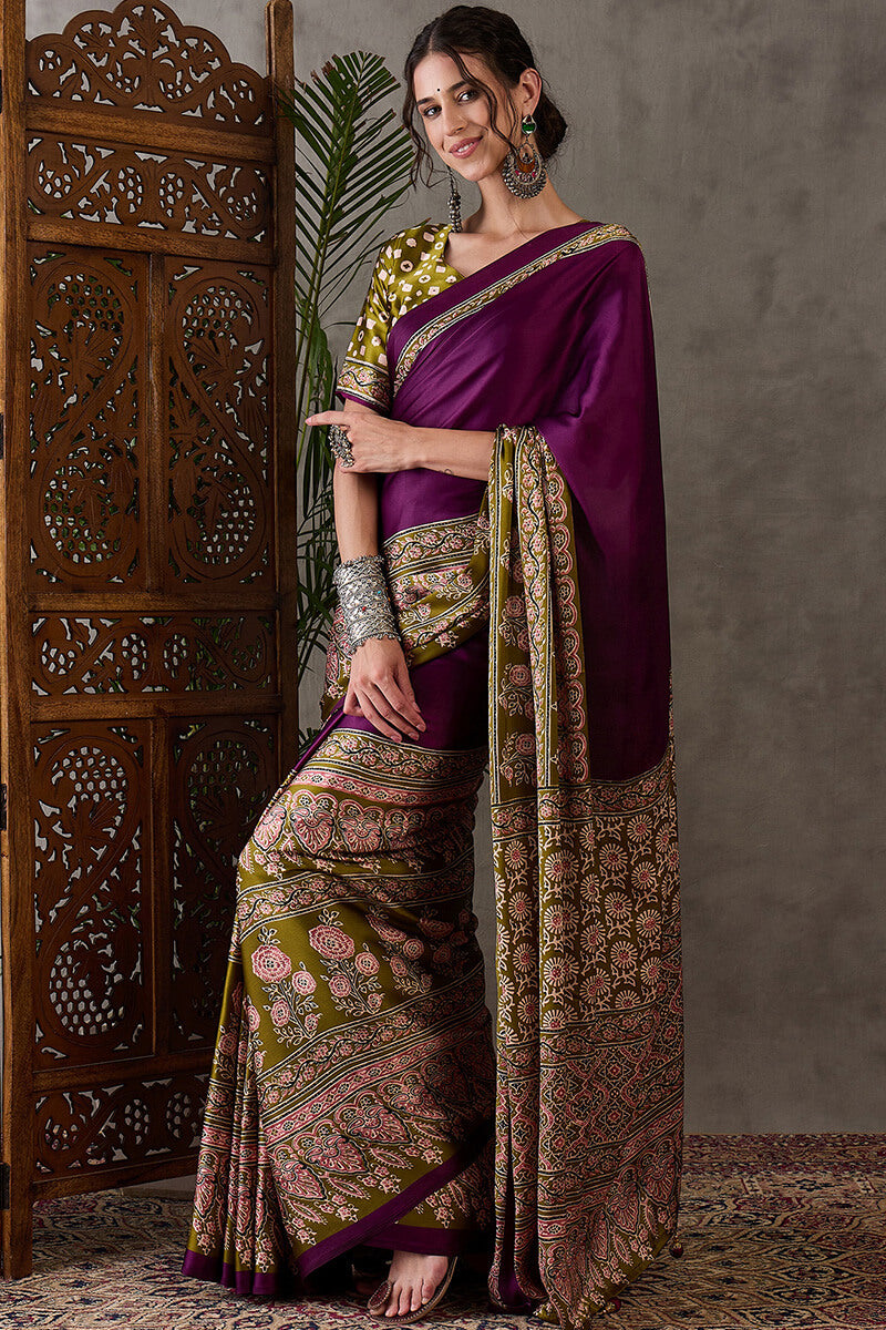 Pansy Purple Ajrakh Printed Satin Silk Saree