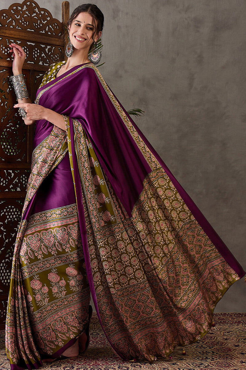 Pansy Purple Ajrakh Printed Satin Silk Saree