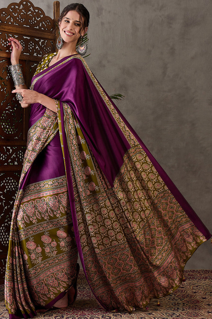 Pansy Purple Ajrakh Printed Satin Silk Saree
