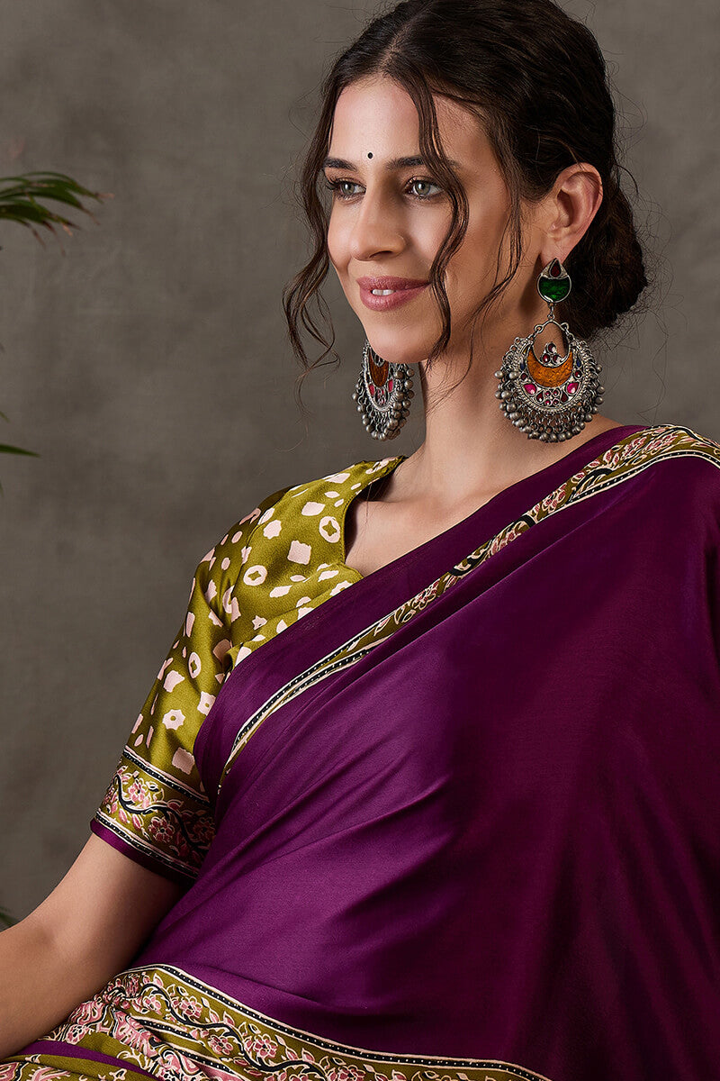 Pansy Purple Ajrakh Printed Satin Silk Saree