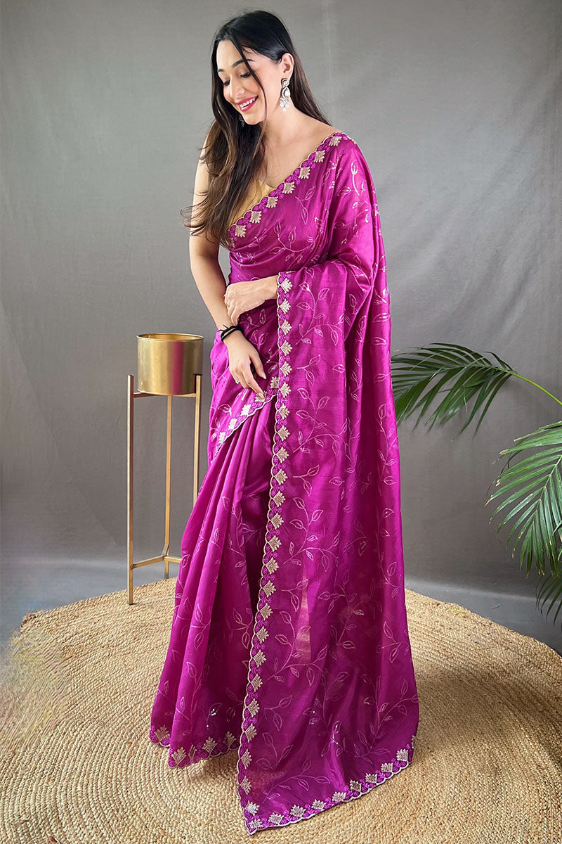 Pansy Purple Embroidered SequenceWork Soft Silk Saree