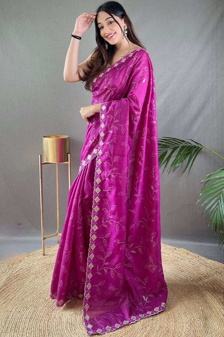 Pansy Purple Embroidered SequenceWork Soft Silk Saree