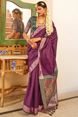 Pansy Purple Linen Tussar Silk Saree