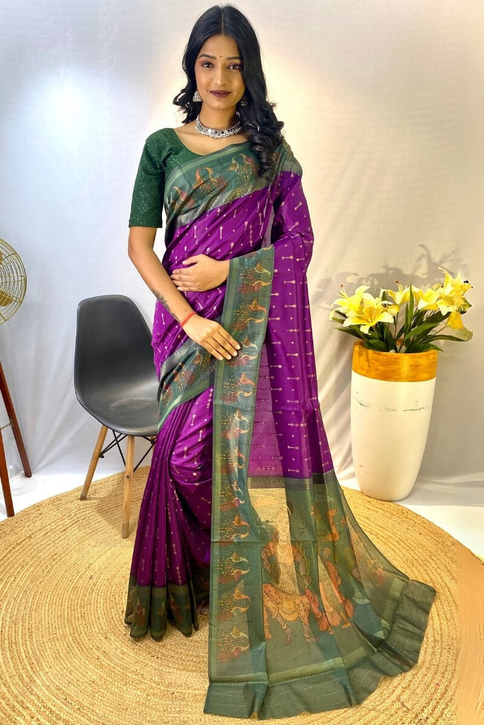 Pansy Purple Printed Soft Chanderi Silk Saree