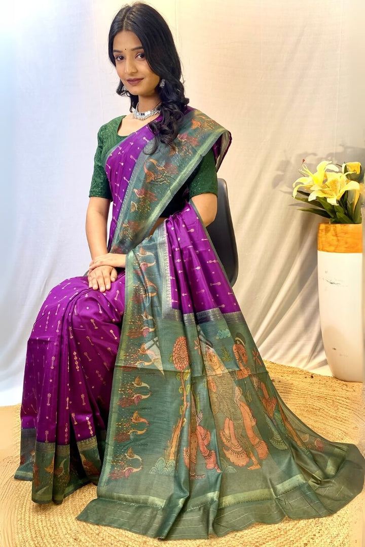 Pansy Purple Printed Soft Chanderi Silk Saree