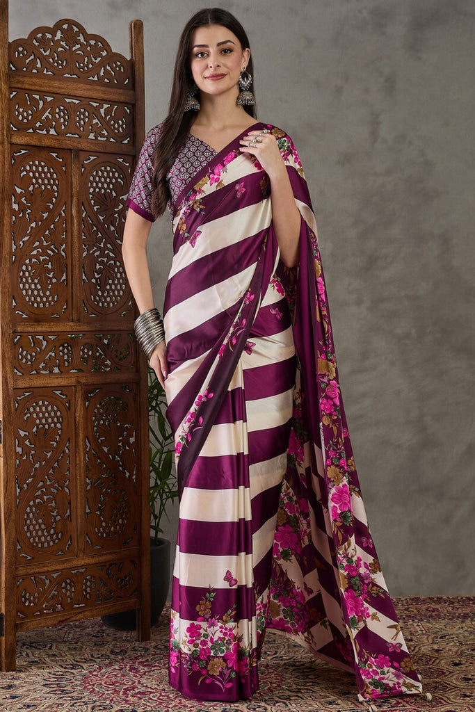 Pansy Purple Stripe Printed Satin Silk Saree