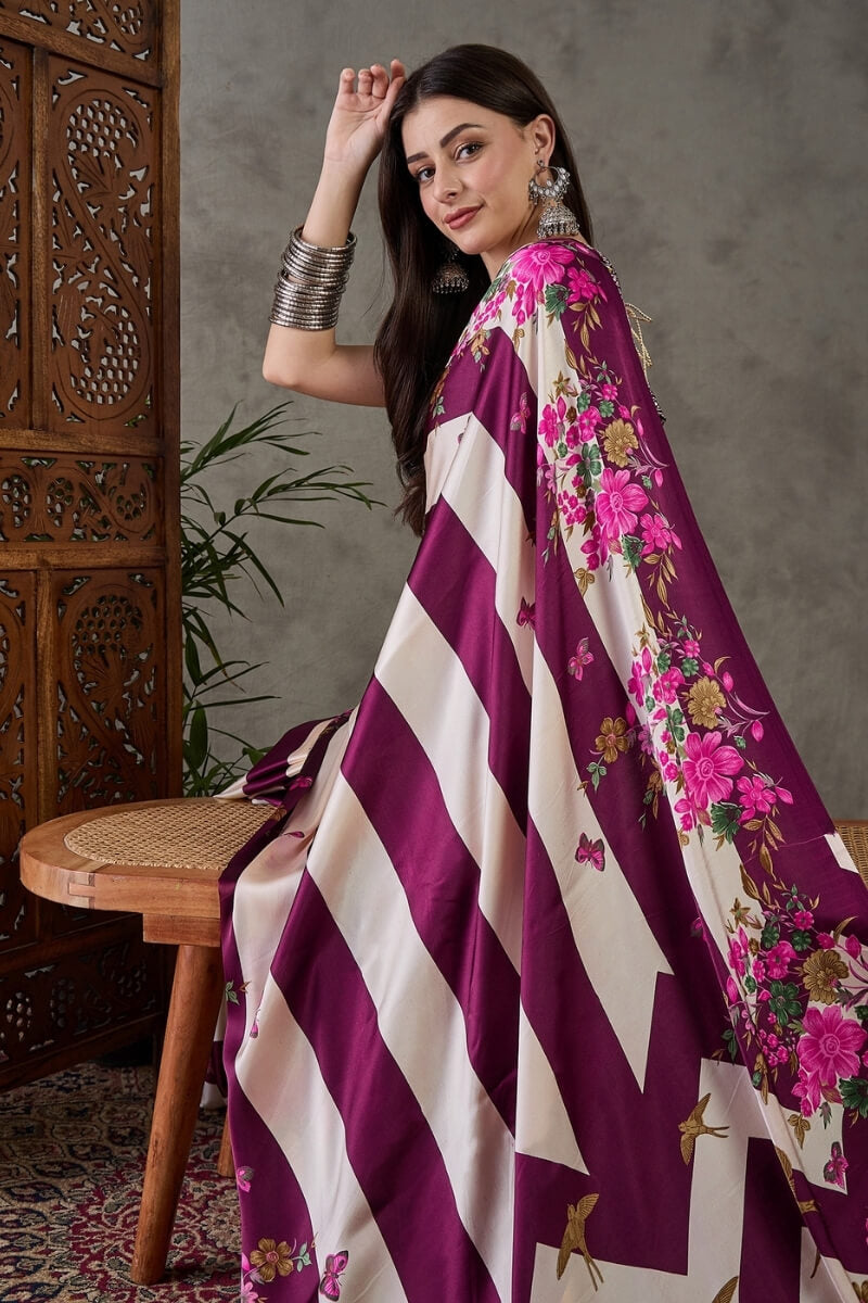 Pansy Purple Stripe Printed Satin Silk Saree