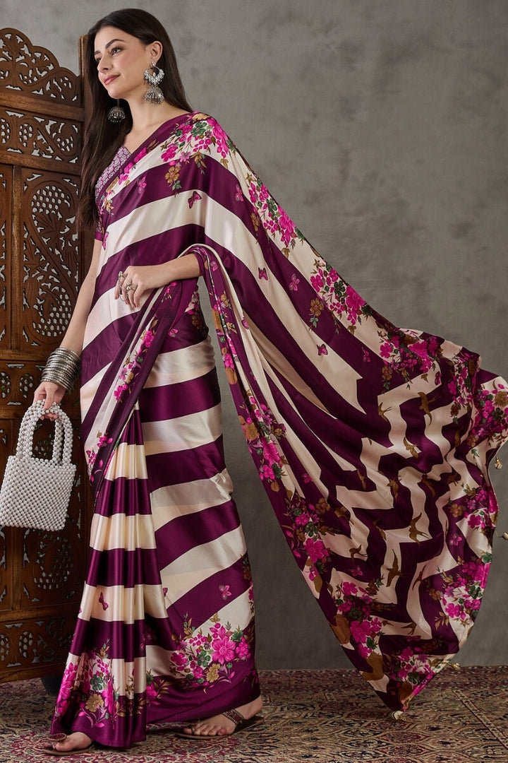 Pansy Purple Stripe Printed Satin Silk Saree