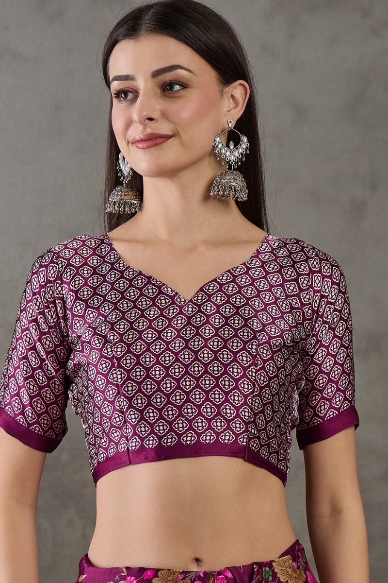 Pansy Purple Stripe Printed Satin Silk Saree