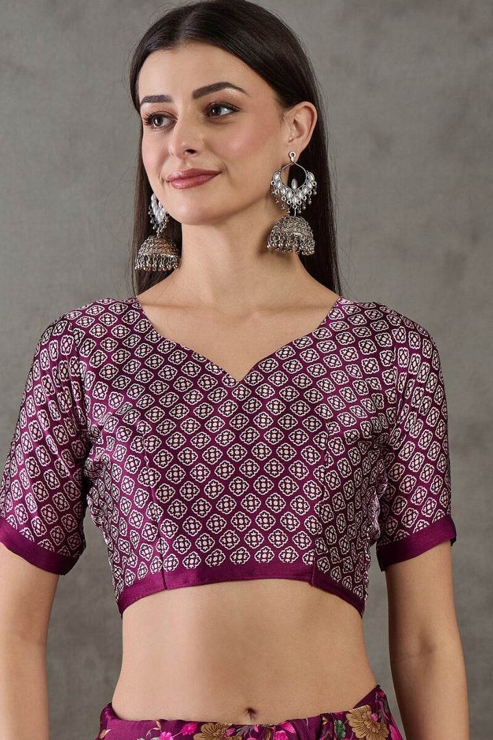 Pansy Purple Stripe Printed Satin Silk Saree