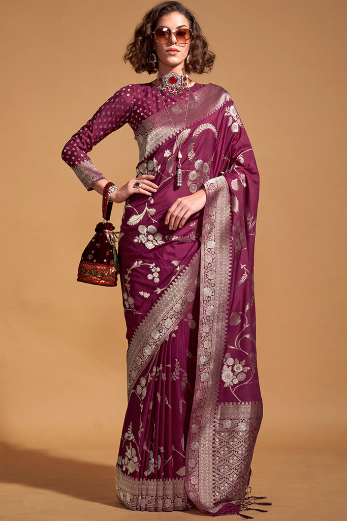 Pansy Purple Woven Georgette Banarasi Silk Saree