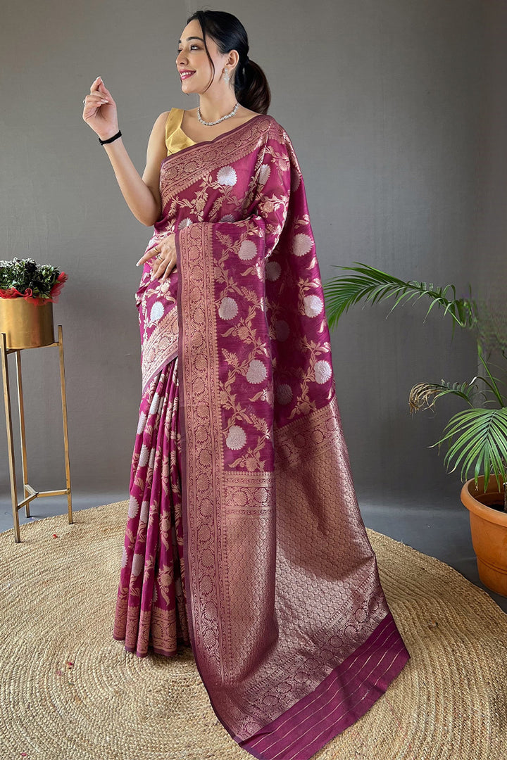 Pansy Purple Zari Woven Linen Silk Saree