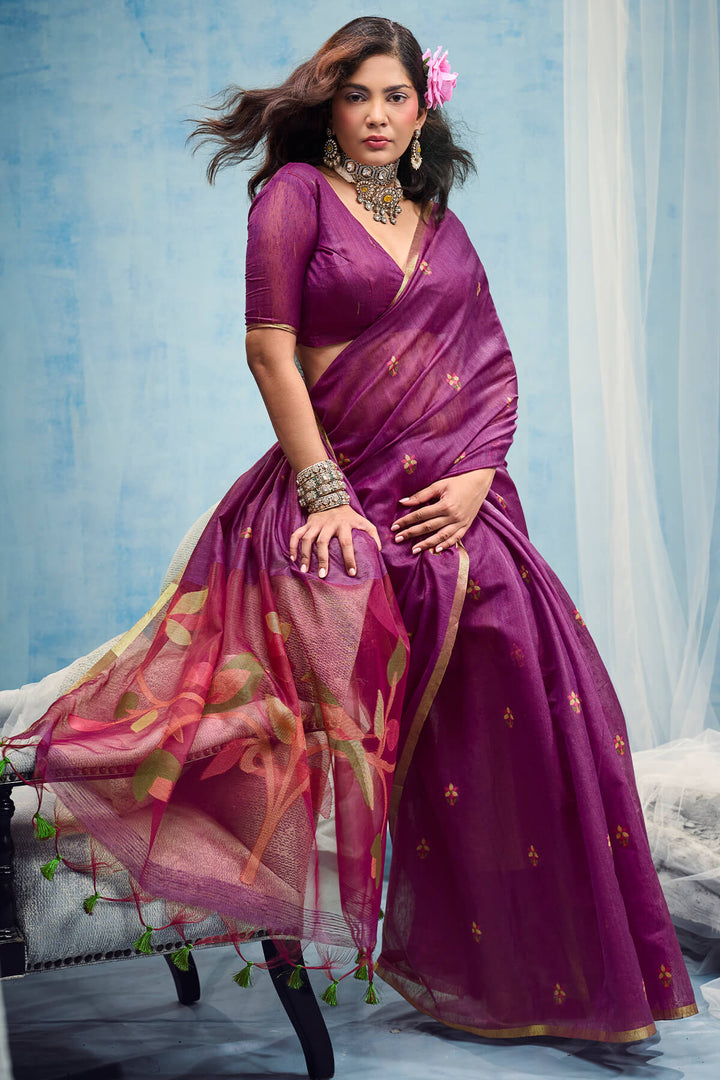 Pansy Purple Zari Woven Munga Cotton Saree