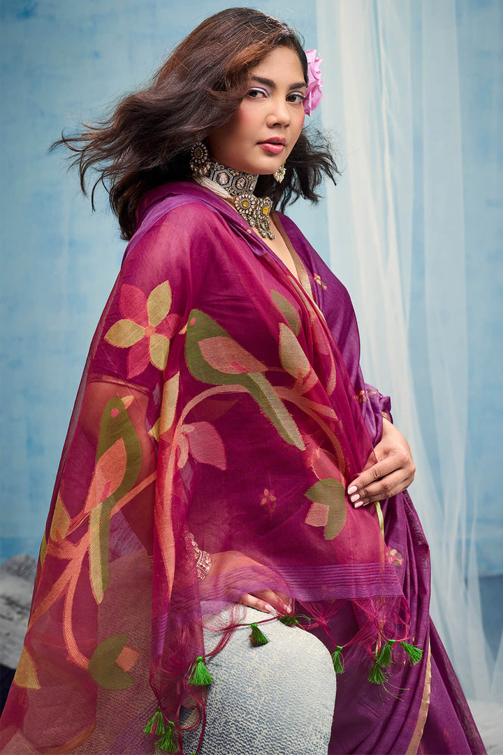 Pansy Purple Zari Woven Munga Cotton Saree