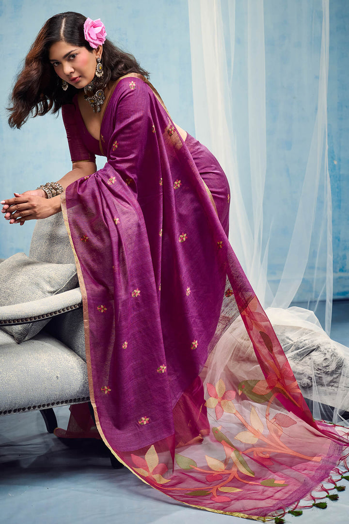 Pansy Purple Zari Woven Munga Cotton Saree