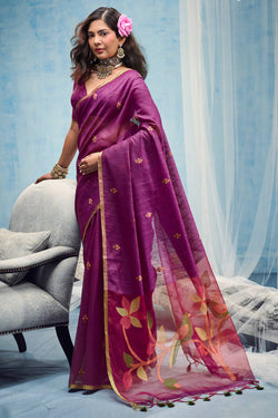 Pansy Purple Zari Woven Munga Cotton Saree