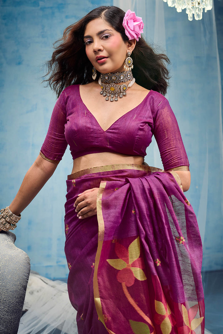 Pansy Purple Zari Woven Munga Cotton Saree