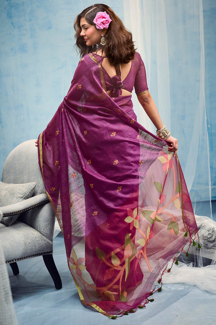 Pansy Purple Zari Woven Munga Cotton Saree