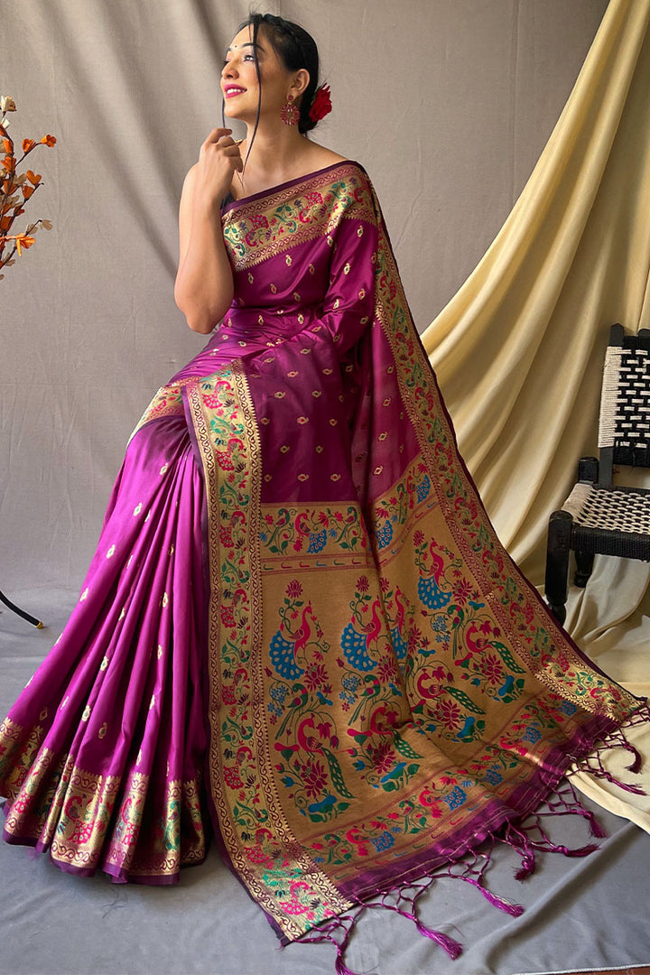 Pansy Purple Zari Woven Paithani Silk Saree