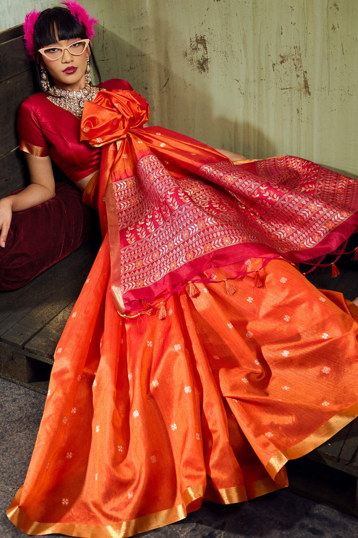 Papaya Orange Banarasi Handloom silk saree