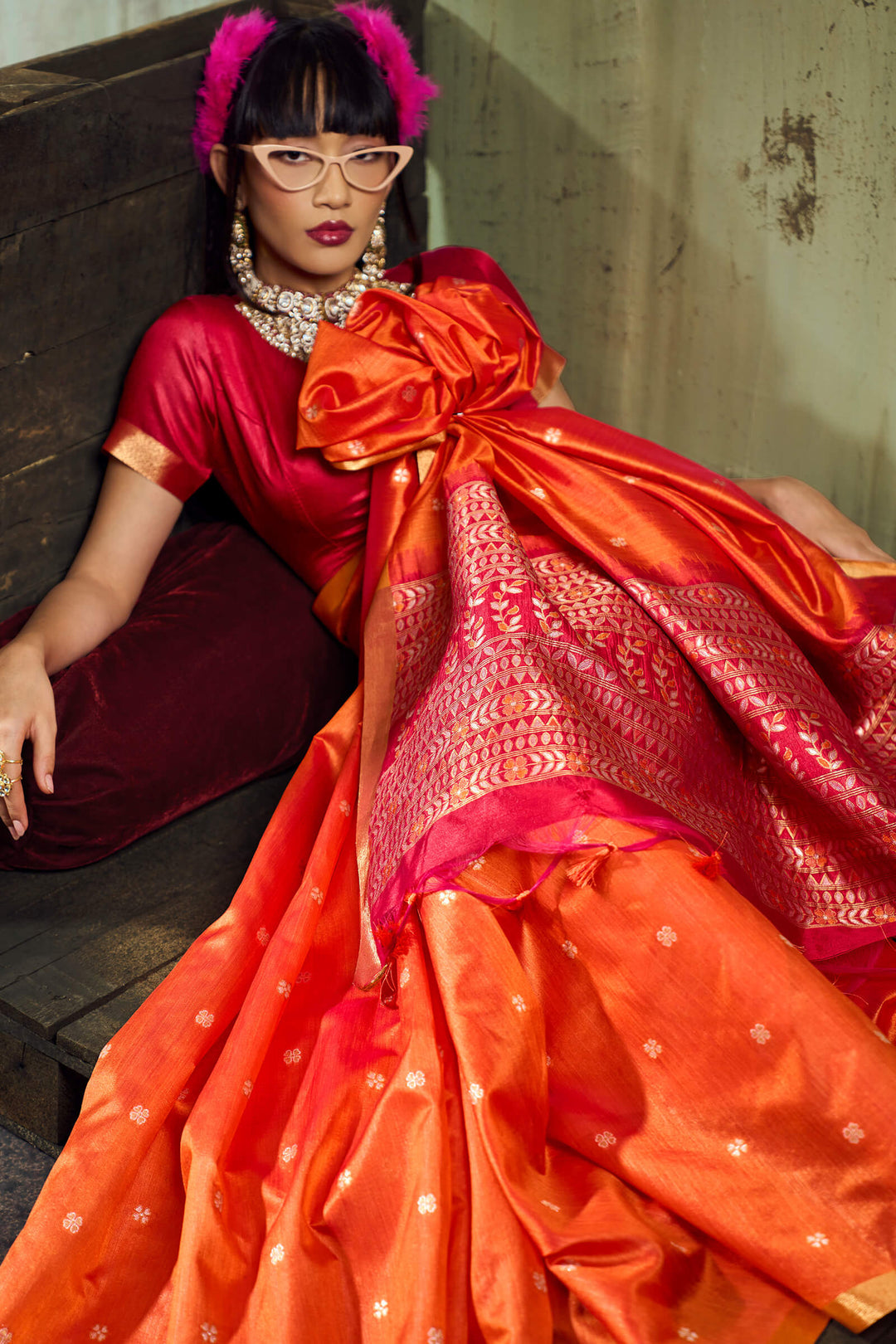 Papaya Orange Banarasi Handloom silk saree