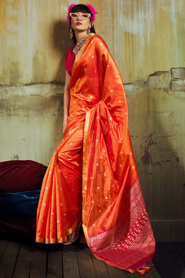 Papaya Orange Banarasi Handloom silk saree