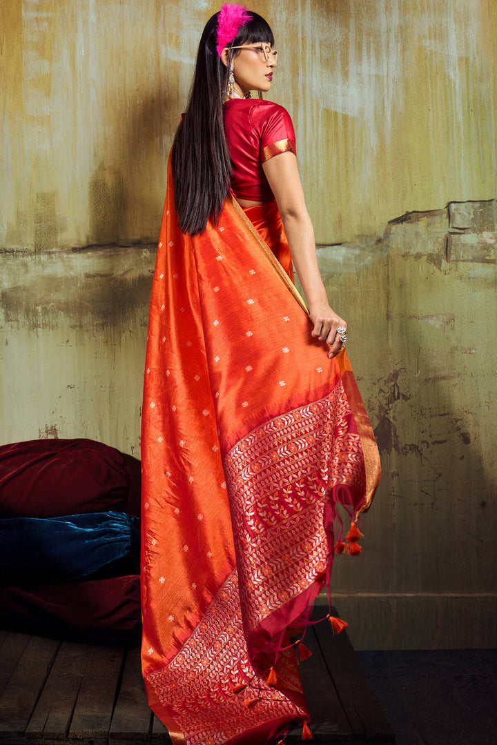 Papaya Orange Banarasi Handloom silk saree