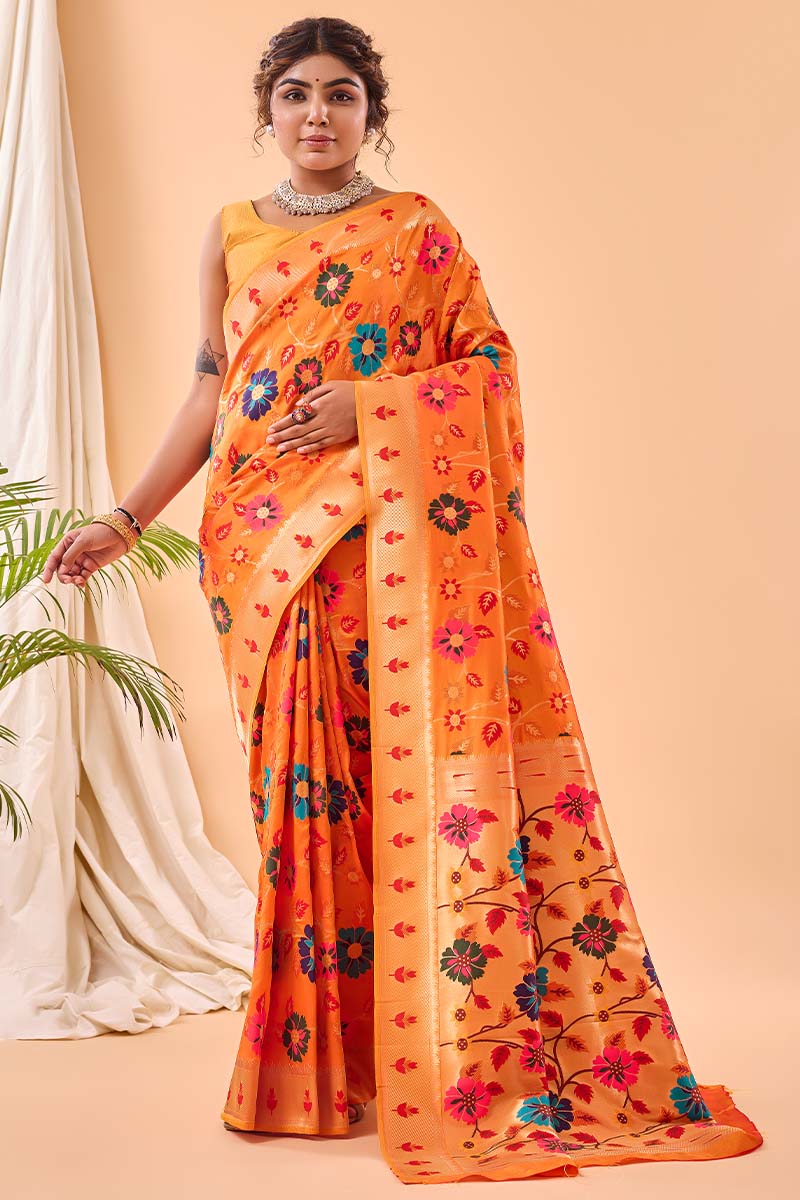 Papaya Orange Paithani Silk Saree