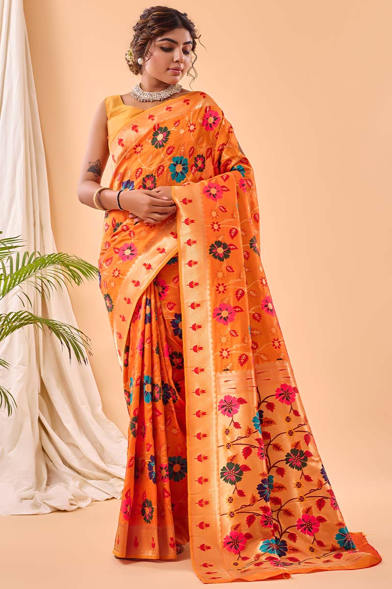 Papaya Orange Paithani Silk Saree