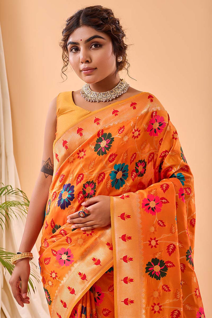 Papaya Orange Paithani Silk Saree