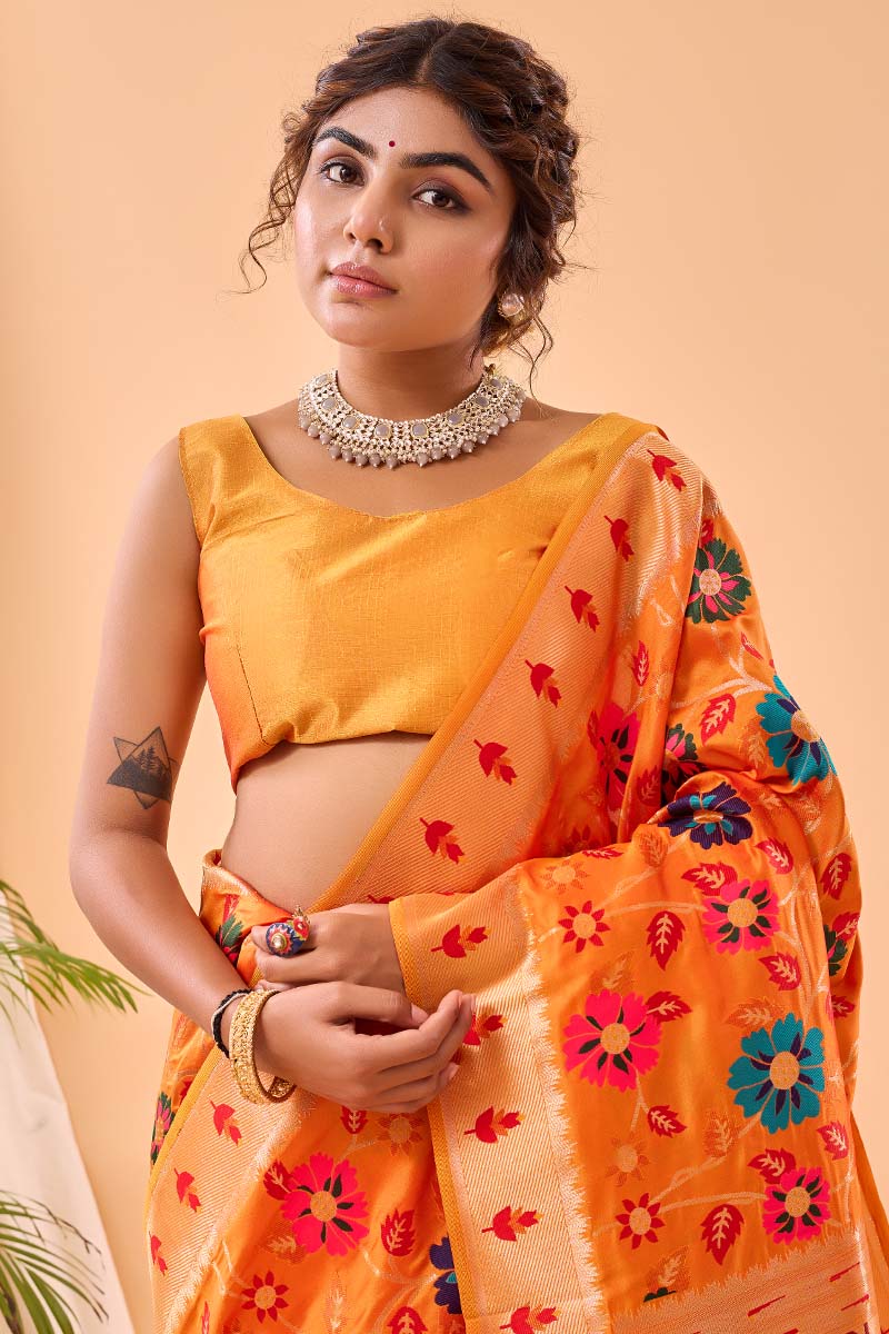 Papaya Orange Paithani Silk Saree