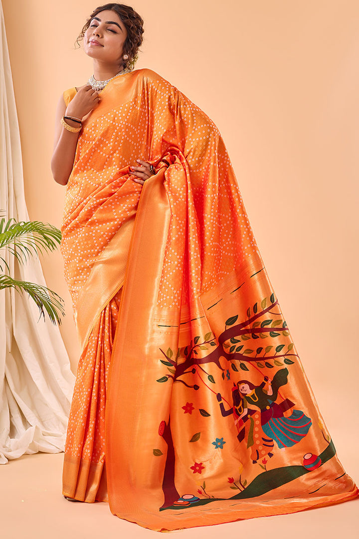 Papaya Orange Zari Woven Paithani Silk Saree