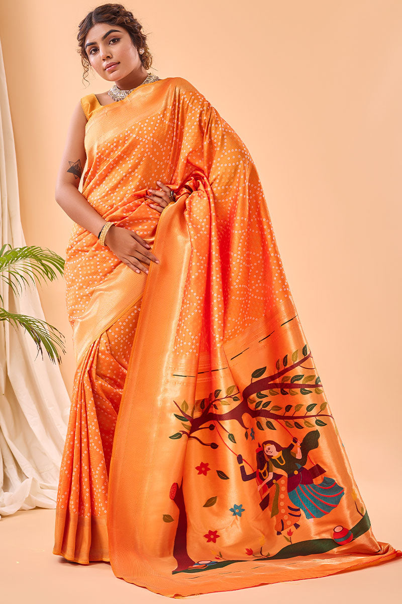 Papaya Orange Zari Woven Paithani Silk Saree