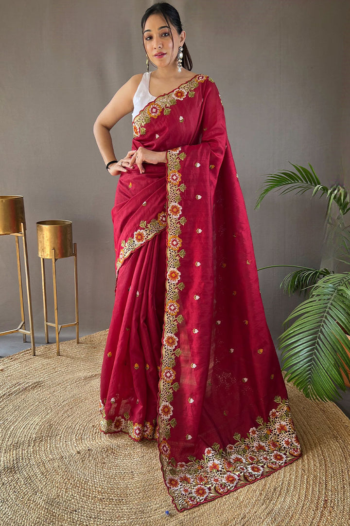 Paprika Maroon Embroidered Work Tussar Silk Saree