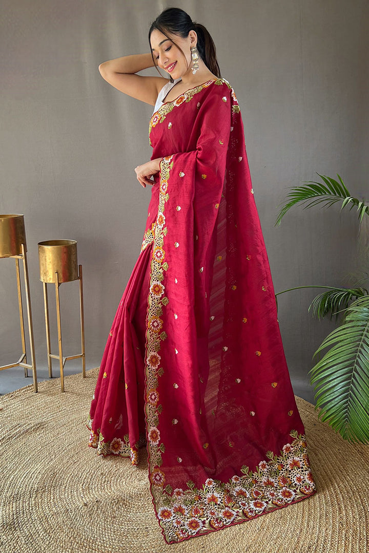 Paprika Maroon Embroidered Work Tussar Silk Saree