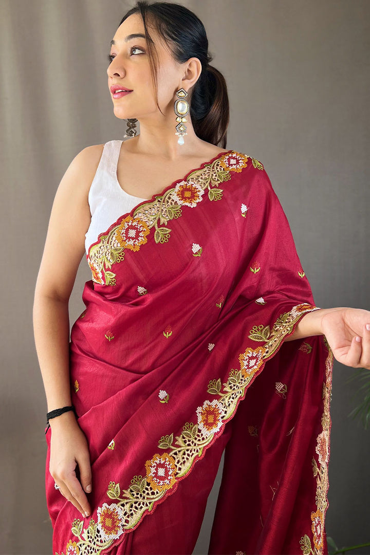 Paprika Maroon Embroidered Work Tussar Silk Saree