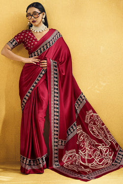 Paprika Red Ajrakh Printed Satin Silk Saree