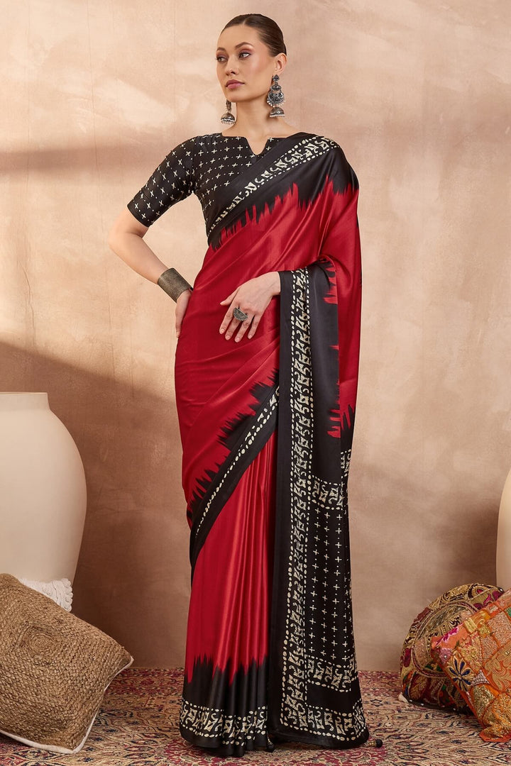Paprika Red Printed Satin Silk Saree