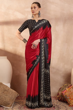 Paprika Red Printed Satin Silk Saree