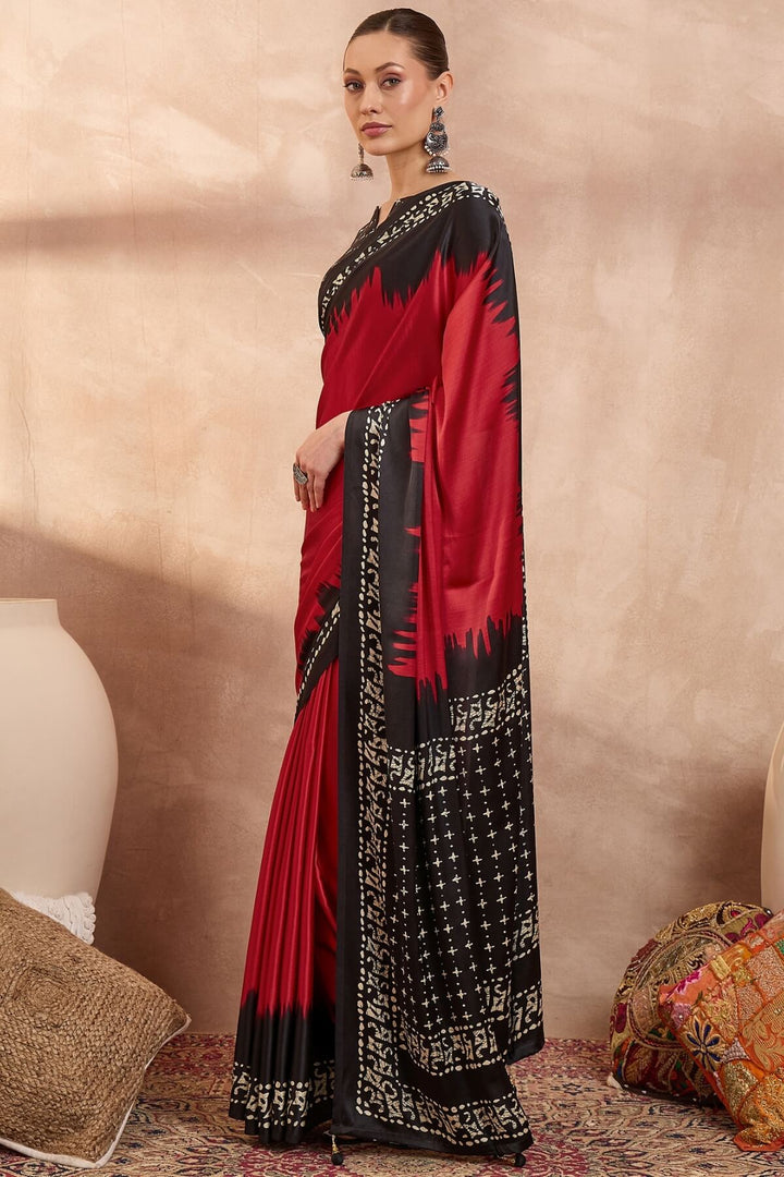 Paprika Red Printed Satin Silk Saree