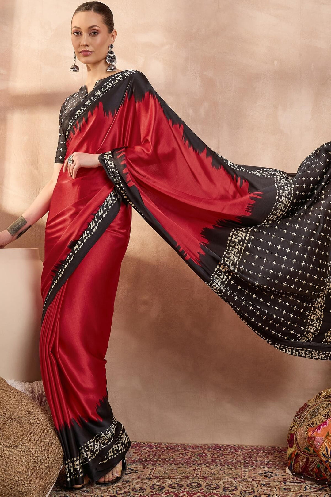 Paprika Red Printed Satin Silk Saree