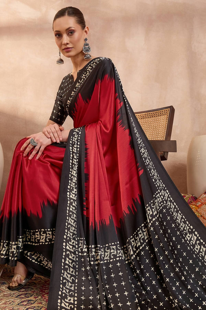 Paprika Red Printed Satin Silk Saree