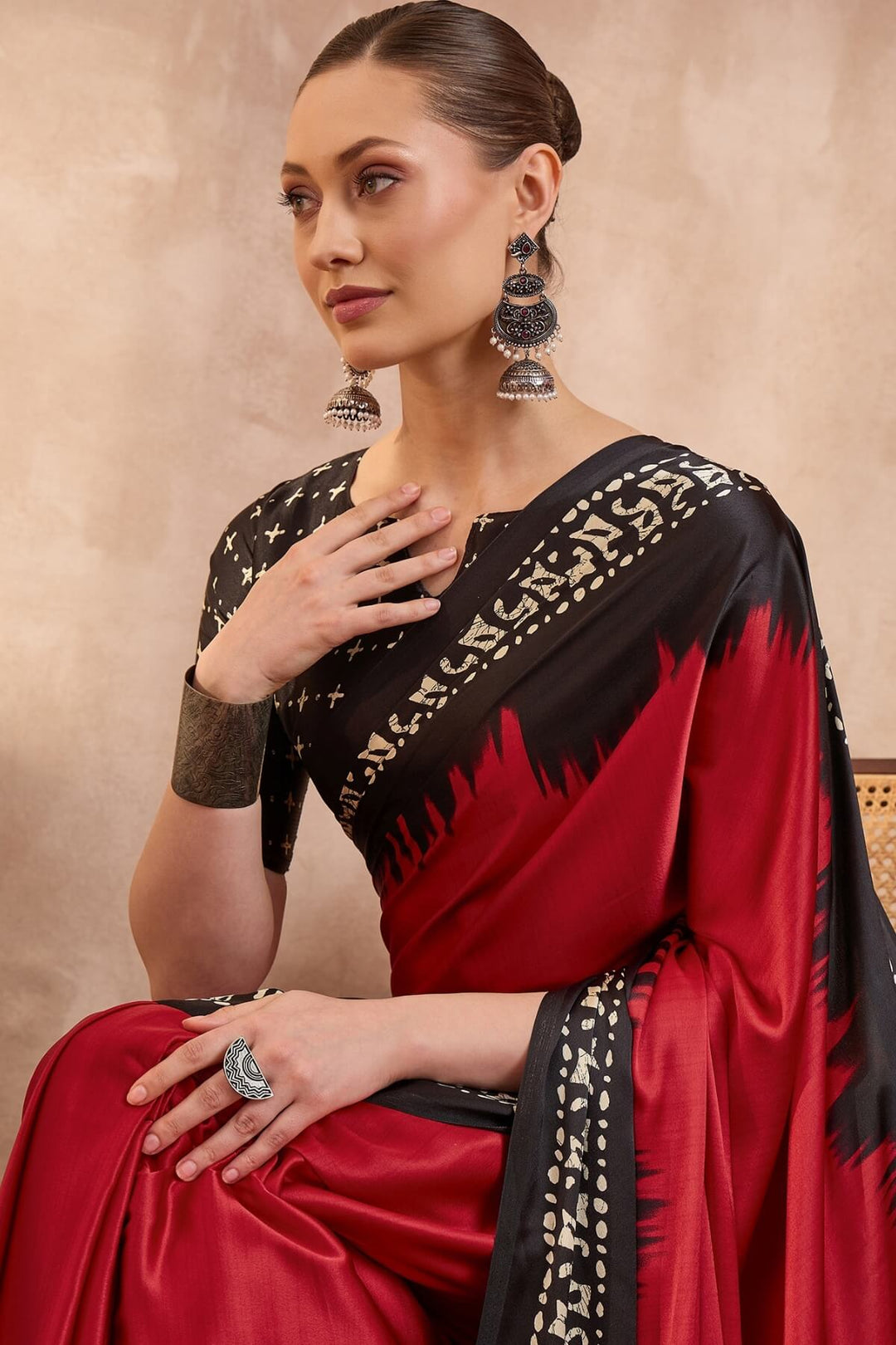 Paprika Red Printed Satin Silk Saree