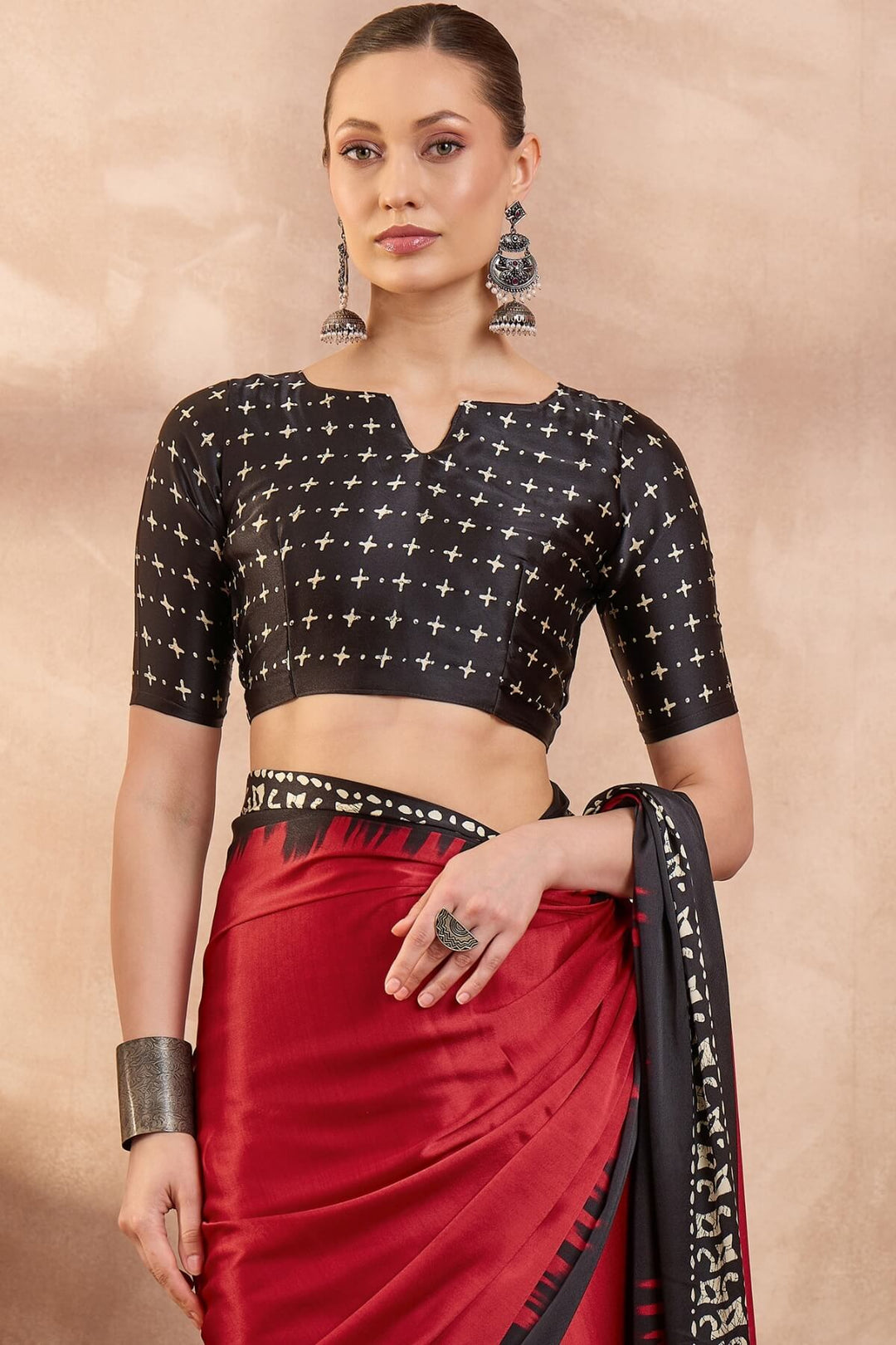 Paprika Red Printed Satin Silk Saree