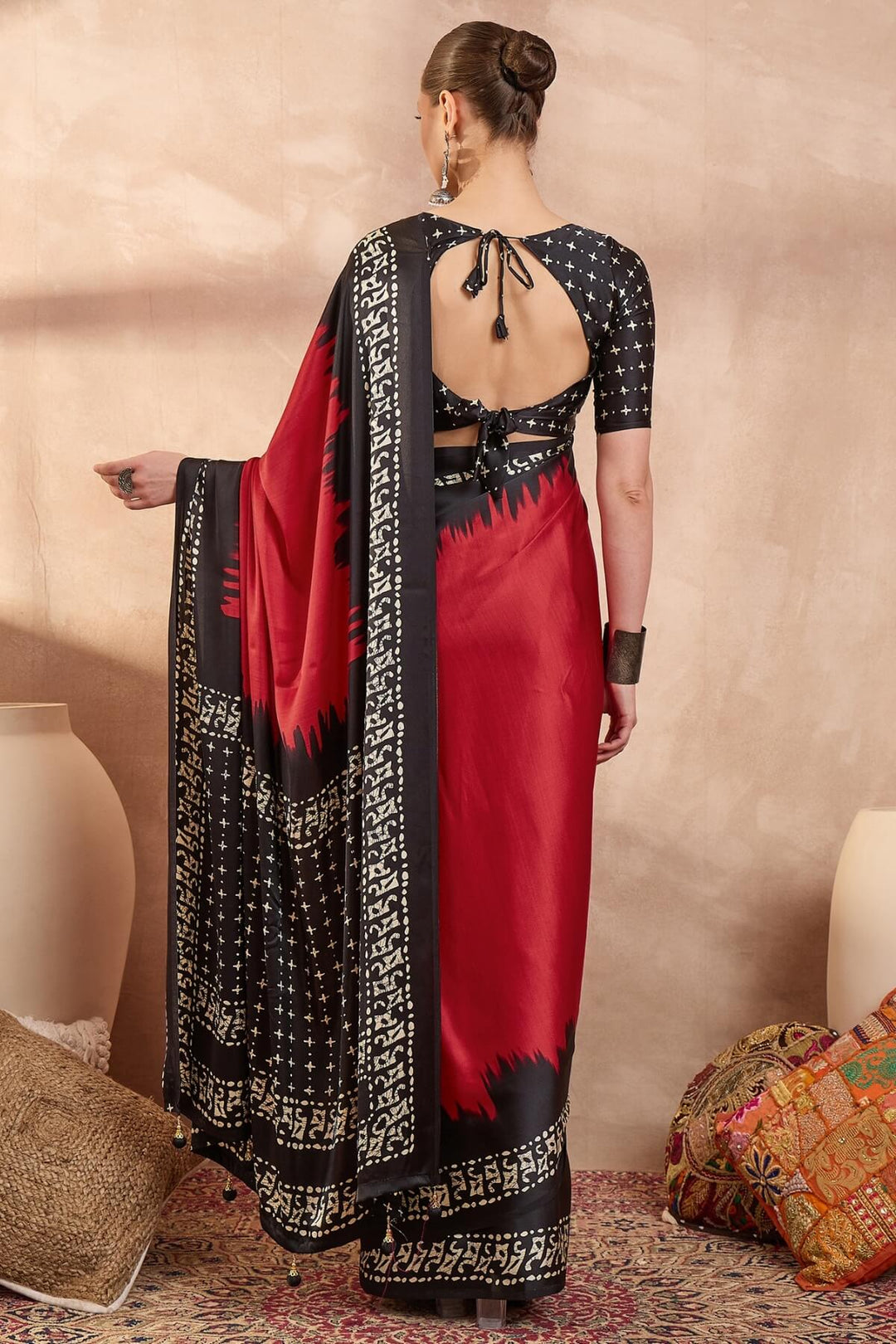 Paprika Red Printed Satin Silk Saree