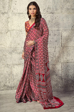 Paprika Red Printed Semi Modal Satin Silk Saree