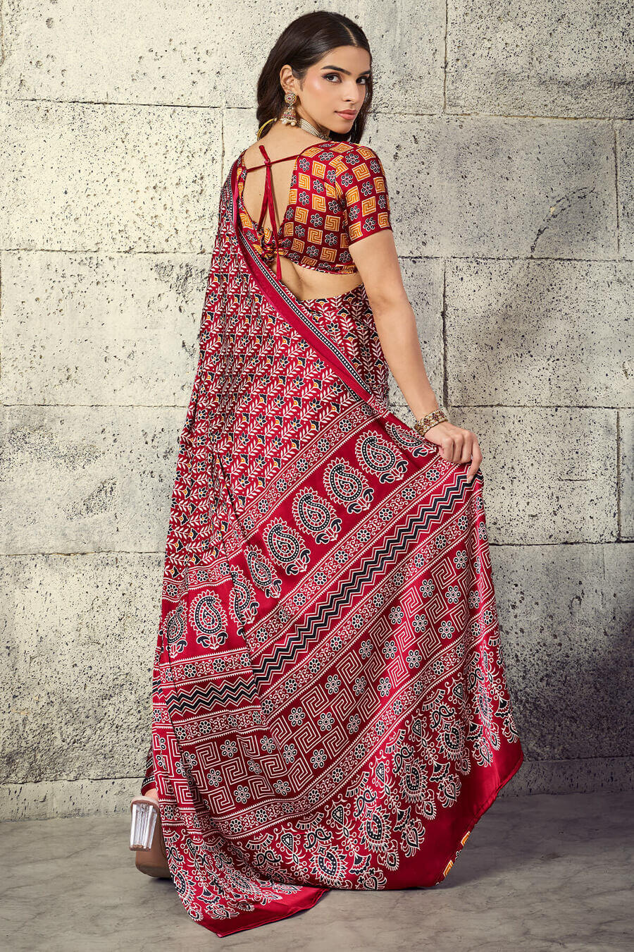 Paprika Red Printed Semi Modal Satin Silk Saree