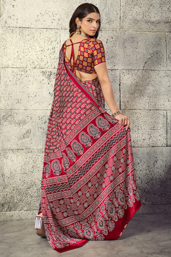 Paprika Red Printed Semi Modal Satin Silk Saree