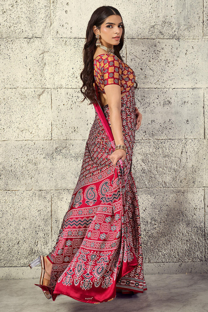 Paprika Red Printed Semi Modal Satin Silk Saree