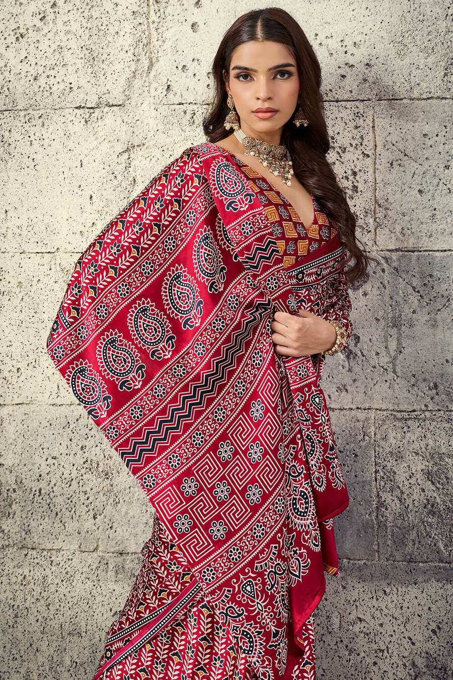 Paprika Red Printed Semi Modal Satin Silk Saree